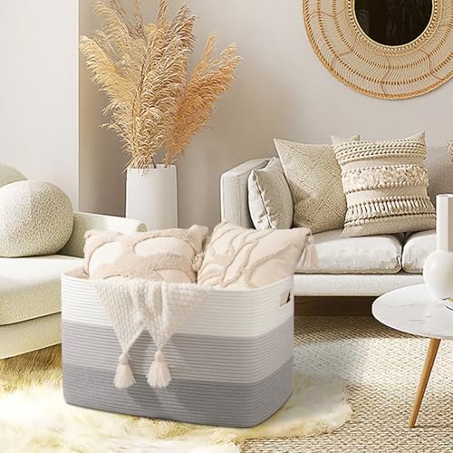 OIAHOMY 118L Extra Large Blanket Basket Cotton Rope Storage Basket Grey | 25" x 17" x 16", Rectangular Baskets Living Room,Used for storing Dirty Clothes, Stuffed Animal Toy Storage for Kids Room