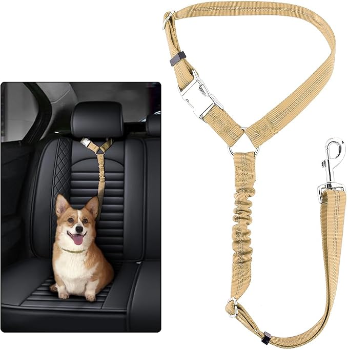 Plutus Pet Dog Seat Belt for Car Headrest, Reflective with Elastic Bungee | Adjustable Restraint for Safety, Vehicle Seatbelt Harness for Small Medium Large Dogs and Cats, Beige
