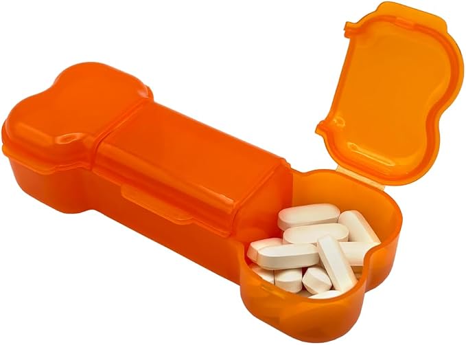 Ezy Dose Pets Dog Bone Pill Case, 3 Large Compartments, Orange | Medicine Planner, Vitamin Organizer Box for Dogs, Easy to Use, Transparent Lids, Convenient for Treats