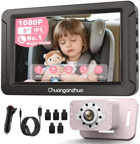 S100C Pink Baby Car Camera USB Powered, Crystal Clear Auto IR Night Vision in Total Dark, Adjust Brightness & 1080P 5" IPS Monitor, 3X Zoom & 360 Rotating Backseat/Carseat Camera for Car Baby Monitor