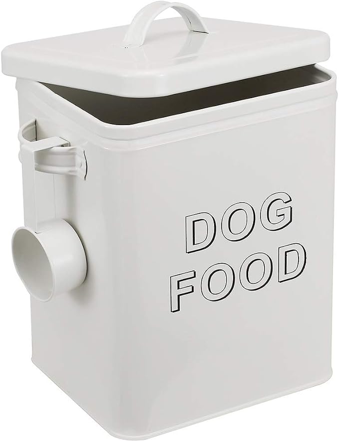 Morezi Metal Dog Food Storage Container Airtight Pet Food Treat Bin 6 lbs | Vintage Durable Canister Dog Treats Tin with Lid& Scoop for Kitchen Countertop, Shelf, Great Gift for Pet Owners(White)