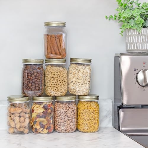 Cornucopia Brands 16oz Clear Plastic Mason Jars (8-Pack, Gold Metal Lids); PET BPA-Free Mason Style w/One Piece Lids, 2-Cup/Pint Capacity