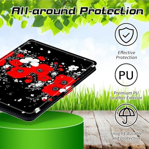 Universal Case for T-Mobile Revvl Tab 2 10.1" Model:9185W 2025/Revvl Tab 5G 10.36" 2023, 360 Degree Rotating Kickstand Protective Stand Leather Shell Cover for 9"-10.5", Red White Flowers