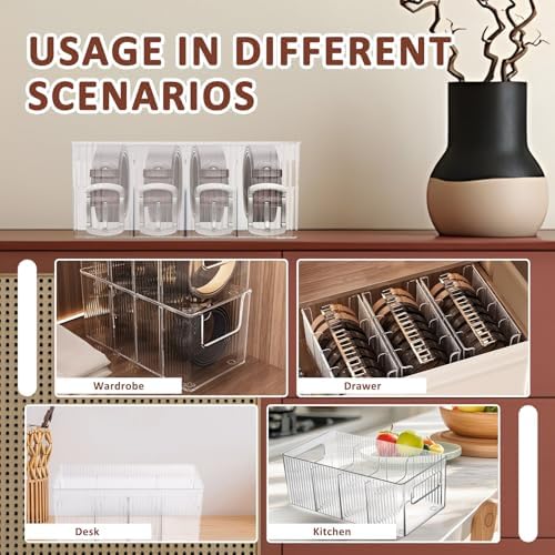 2 Pieces Clear PET Belt Organizer with Removable Dividers, 4 Compartments Adjustable Belt Drawer Organizer, Multi-Purpose Stackable Tie Storage Box for Purse, Underwear, Sock and Closet