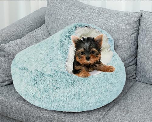 Dog Cave Bed for Small Dogs Cats Pets, Anti Anxiety Calming Plush Dog Beds, Fluffy Covered Hooded Cozy Burrow Puppy Beds, Anti-Slip Bottom Washable Pet Sleeping Bag (20" D, Green)