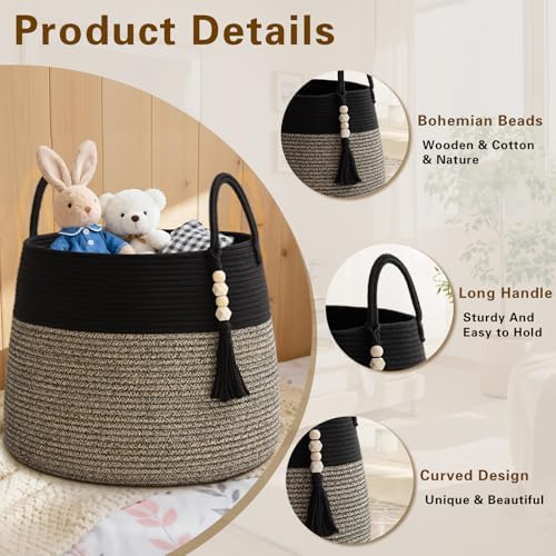Large Nursery Hamper, 60L Blanket Basket with Handle, Baby Laundry Basket for Gift, Toy, Clothes, Woven Storage Basket with Wooden Bead Decor, Baby Hamper for Nursery (Black&Brown)