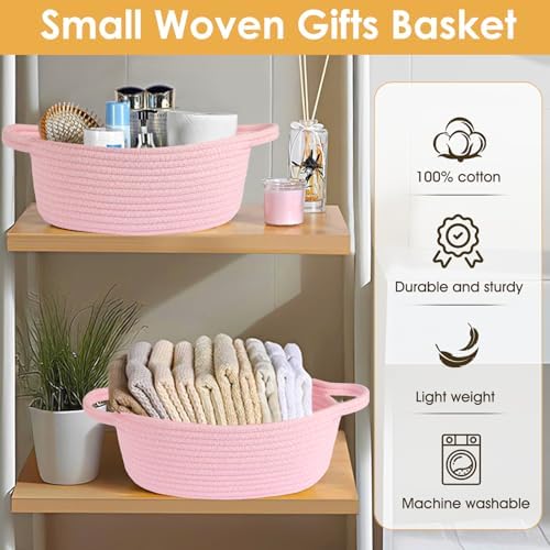 Small gift Basket with Bag and Ribbon Included,Cotton Rope Woven Storage Basket, Pink, Organic Cotton, 12x8x5 Inches, with Handles,Cute Baby Toy Basket