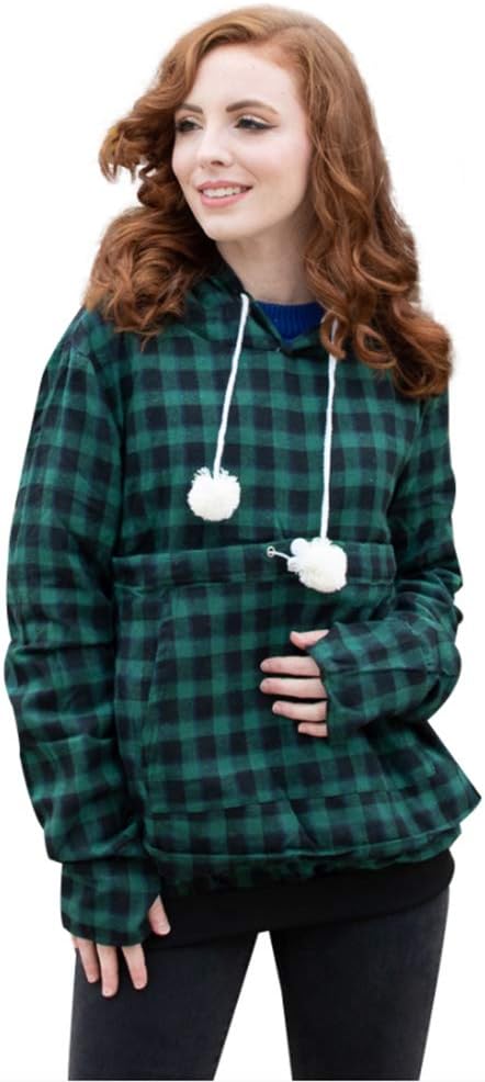 Pet Pouch Hoodie - Cat Dog Holder Sweatshirt Large Pocket Carrier Pullover Tops for Women (Green+Black, Large)
