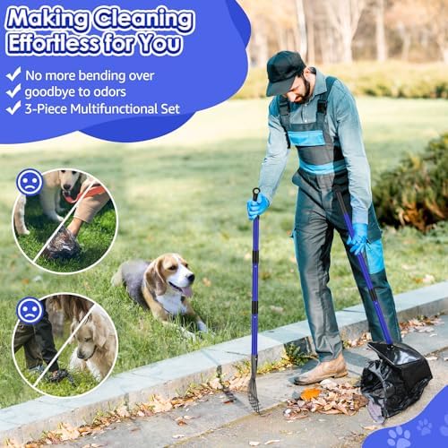 SlowTon Dog Pooper Scooper, 37.4" Long Handle Poop Scoop for Large Dogs | Adjustable, Portable, Non Breakable, with 20 Waste Bags, Swivel Extra Large Bin & Rake & Spade Kit, for Gravel Lawn Grass
