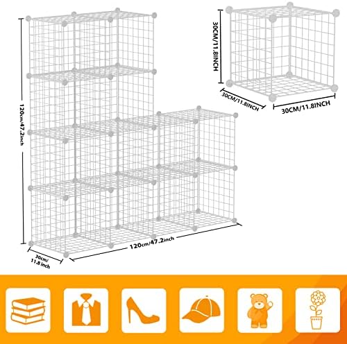 HUBSON Wire Cube Storage Organizer, Book/Toy/Craft/Potted Plants and petCloset Organizers and Storage Shelves, 12-Cube Freely Combinable Metal Grids Storage Shelf, White Iron