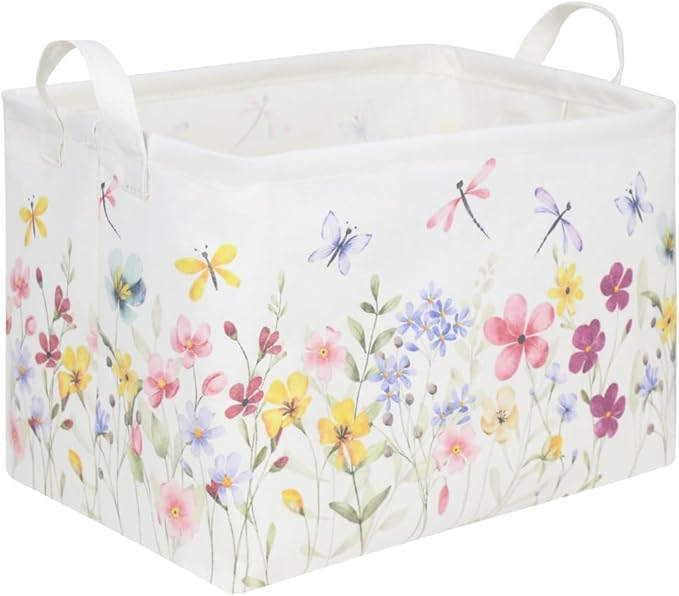 Boho Flower Nursery Basket,Waterproof collapsible storage box,Fall Wildflower Floral Dandelion Storage Bin,Plant Butterfly baby girl gift basket,Girls Bedroom Boho Flower Decor(Dandelion)