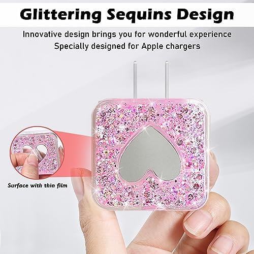 DIY Cable Protector Compatible for Apple iPhone Charger with Mirror,Cute Glitter Bling Love Heart Design,Data Line USB Case Wire Cable Saver Phone Charger Protector for iPhone (Pink)
