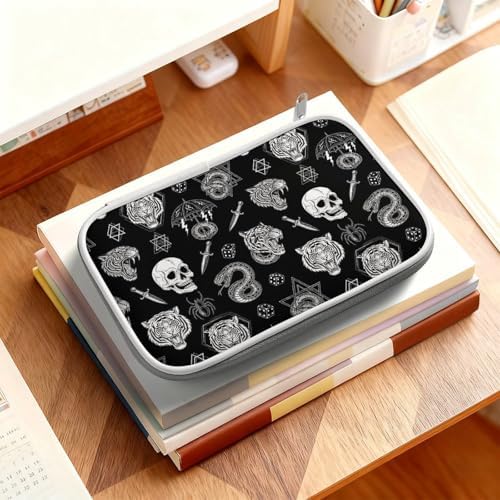 Large Cute Pencil Case, Colored Pen Pouch With Zipper Storage And Organizer Tattoo Dice Diamond Skull Tiger Snake Spider Knife Black