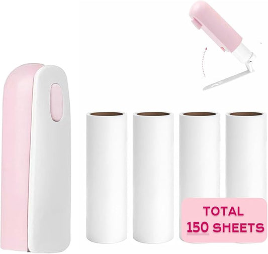 Mini Travel Lint Roller with 150 Sticky Sheets, Compact Portable Pet Hair Remover with Cover for Clothes, Travel, Small Foldable Lint Roller for Purse Car Bag Essentials (Pink)