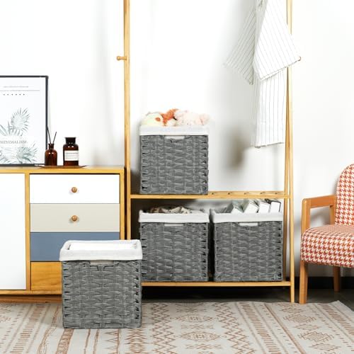Bidtakay Wicker Storage Baskets for Organizing 4-Pack Hand-Woven Imitation Dark Grey Wicker Cube Storage Bins with Liners for Shelves Closet Cabinet 11x11 Waterproof Cube Organizer for Pantry
