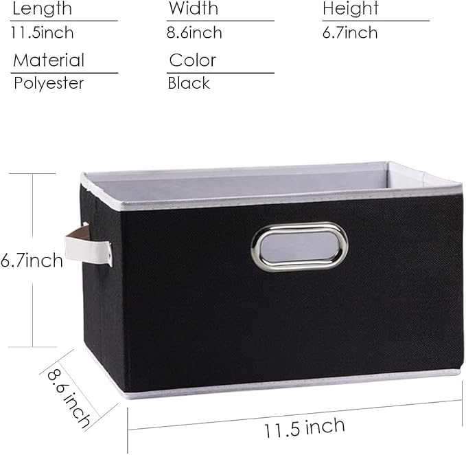 PRANDOM Fodable Storage Bins for Closet [3-pack] Decorative Fabric Storage Baskets Cubes with Leather/Metal Handles for Shelves Bedroom Living Room Black (11.5x8.5x6.7 Inch)