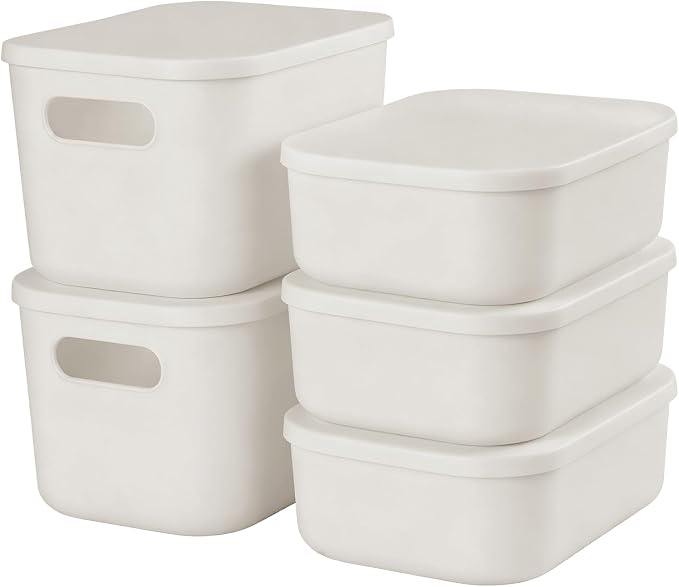 ANMINY White Plastic Storage Bins Baskets with Lids, 5-Pack, 2M+3S | Large Plastic Bins, Sturdy PET, with Handles, Stackable, Opaque Storage Boxes, for Closet Shelves Desk, White Lids