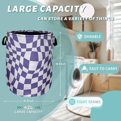 Purple Checkerboard Laundry Basket Oxford Cloth Hamper 18.9"x16.5"