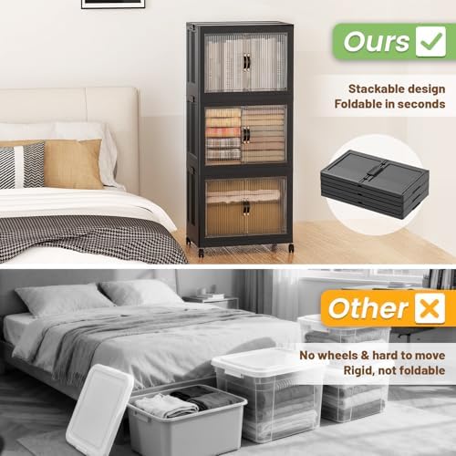 SAILUN 105Qt Stackable Storage Bins,Storage Cabinet with a Lid,3 Pack Black