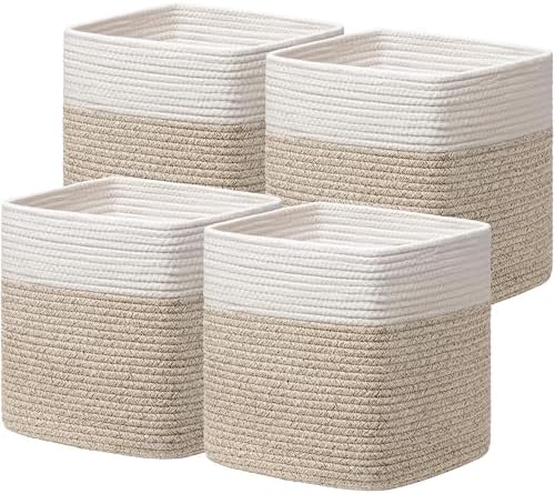 joybest 11inch Cube Storage Bins, Cotton Rope Woven Organizer Basket | Set of 4 Cube Bin Square Shelves Organizer Closet Storage, Nursery, Toy Organization, Brown&White