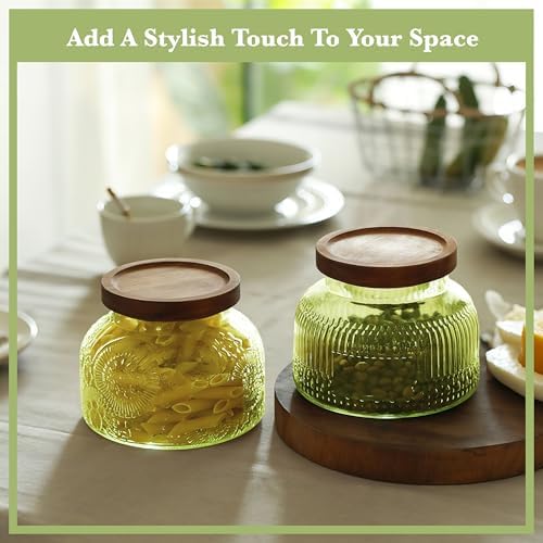 Decorative Green Glass Jars with Airtight Wooden Lids 2 pack, 25.4 fl. oz | Wide mouth vintage storage canister, kitchen pantry bathroom organization, coffee sugar tea cookie candy candle vase gift