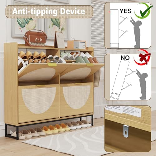 KIGOTY Narrow Shoe Storage Cabinet, Shoe Cabinet with 4 Flip Drawers, Freestanding Shoe Organizer with Legs for Entryway, Slim Shoe Rack Cabinet for Enterway (Rattan Oak, 4 Flip Drawer)