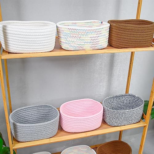 【2 Pack】ABenkle Small Woven Baskets, Tiny Oval Shallow Storage Baskets, Mini Cotton Rope Empty Decorative Basket, Boho Little Organizer Bins for Bathroom, Cat Dog Toy Gifts Baskets
