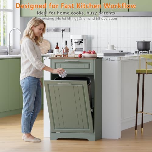 Single 10 Gallon Tilt Out Trash Can Cabinet with Deodorizing Function, Wooden Hidden Garbage Can Holder with Storage Drawers for Kitchen and Dining Room, Laundry Hamper Cabinet for Bathroom, Green