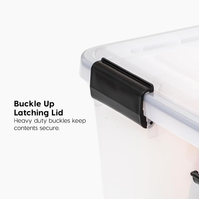 IRIS USA WeatherPro Storage Bins with Lids, 63 Qt, Clear, 4 Pack | Heavy-duty gasket seal protects food, clothing, camping gear, tools, emergency supplies, and keepsakes from moisture.
