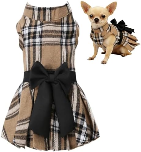Classic Plaid Dog Dress with Bow Tie for Small Dogs Cats Girls, Cute Puppy Dresses Clothes with Bowknot Chihuahua French Bulldog Pet Apparel Outfits (Chestnut Brown, Medium)