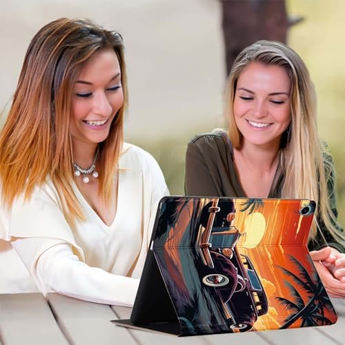 for Samsung Tab A9 Plus/A9+ 10.9 Inch 2023 (SM-X210/X216/X218) Tablet Case,Premium Leather Folio Stand Auto Wake/Sleep,Multiple Viewing Stand,Retro Car Sunset Palm Trees