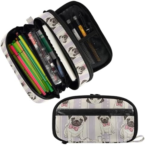 Cute Pets Pug Purple print Large Capacity Pencil Case with Zipper Water Resistant Portable Organizer Pen Bag for Office Students School