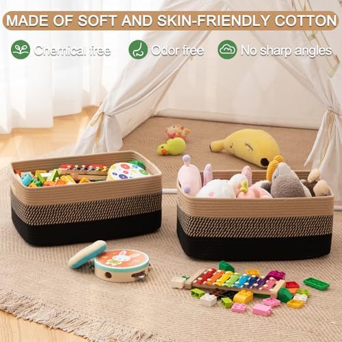 OIASKET Large Storage Basket for Organizing, Woven Rope Basket for Shelves, Closet Organizer Bins for Clothes, Blanket, Toys, Baby Nursery Storage, 17.7" x 13" x 7.87", 2 Packs Black & Brown
