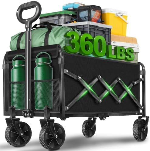 Collapsible Wagon Cart, Folding Cart with 360LBS Capacity, Black | All-Terrain Wheels & Flexible Handle, Heavy Duty Utility Wagon for Grocery Camping Garden Shopping Sports