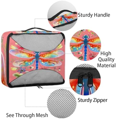Dragonfly Pink Floral 4 Set Packing Cubes Luggage Organizer Bags for Travel Accessories and Essentials, Dragonflies Flower