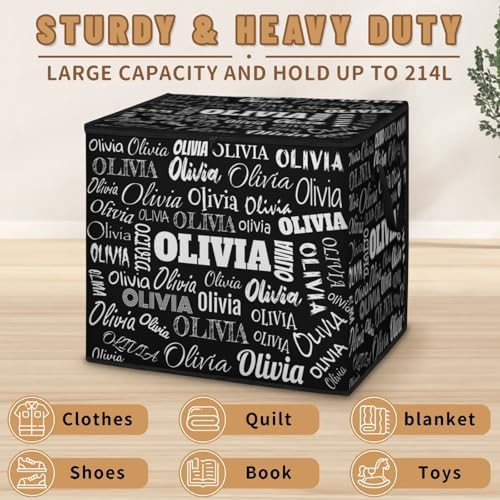 Custom Name Storage Bin with Lid, Personalized Extra Large Black Storage Basket with Handles Zippers for Organizing Comforters, Blankets, Bedding Closet Shelf Baskets