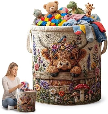 Quilted Highland Cattle Laundry Basket Forest Style Fabric Toy Bin Decorative Clothes Hamper for Kids Playroom(20" x 28")