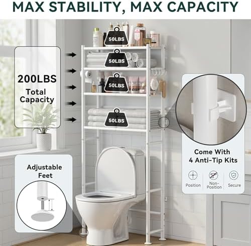 GloTika 4-Tier Over The Toilet Storage Shelves, White | 200lb Total Capacity, Metal Bathroom Organizer with 36" Clearance, Includes Paper Holder & 4 Hooks, Suit for Small Space