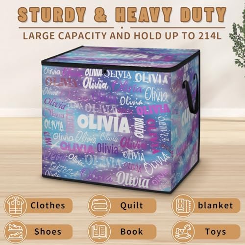 Custom Comforters Storage Basket with Lid, Personalized Name Large Organizer Bin for Pet/Children Toys, Books, Clothes, Perfect for Rooms/Playroom, Purple Blue Galaxy with Stars