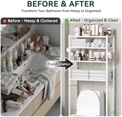 GloTika 4-Tier Over The Toilet Storage Shelves, White | 200lb Total Capacity, Metal Bathroom Organizer with 36" Clearance, Includes Paper Holder & 4 Hooks, Suit for Small Space