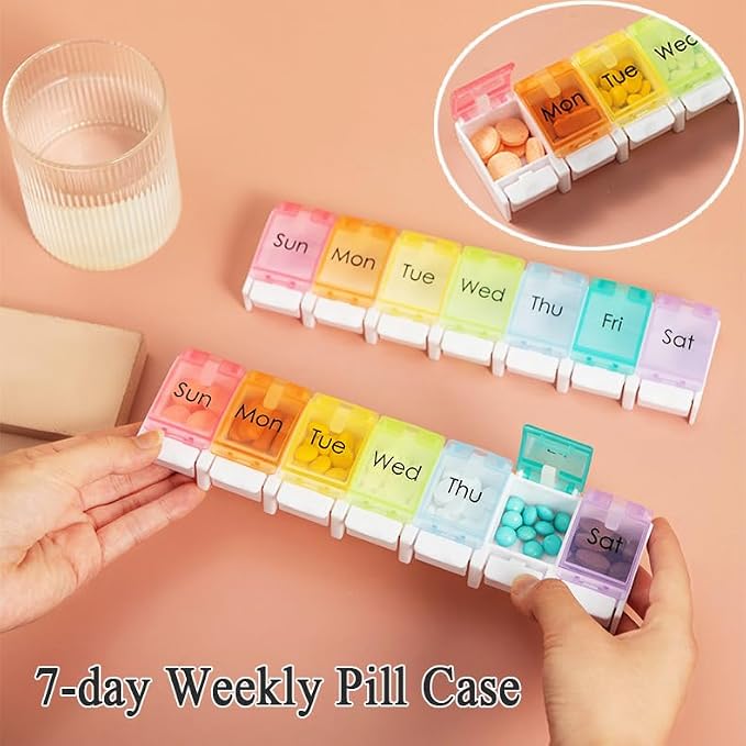 7 Day Pill Case Organizer, Large Daily Medicine Box Dispenser Box | Colorful Travel 7 Dividers Vitamin Holder with Easy Push Button for Medication, Supplement, Fish Oil, Cod Liver Oil, Capsules