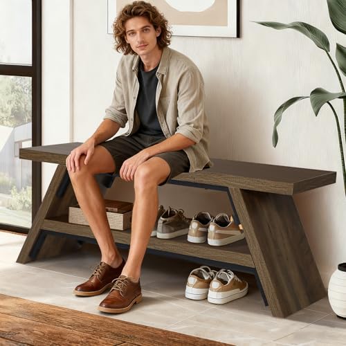 2-Tier Shoe Storage Bench, Solid Wood Entryway Stool Storage | Narrow Shoes Racks for Entryway, Minimalist Multi-Purpose Bench for Hallway, Kitchen, Bedroom, or Dining Room