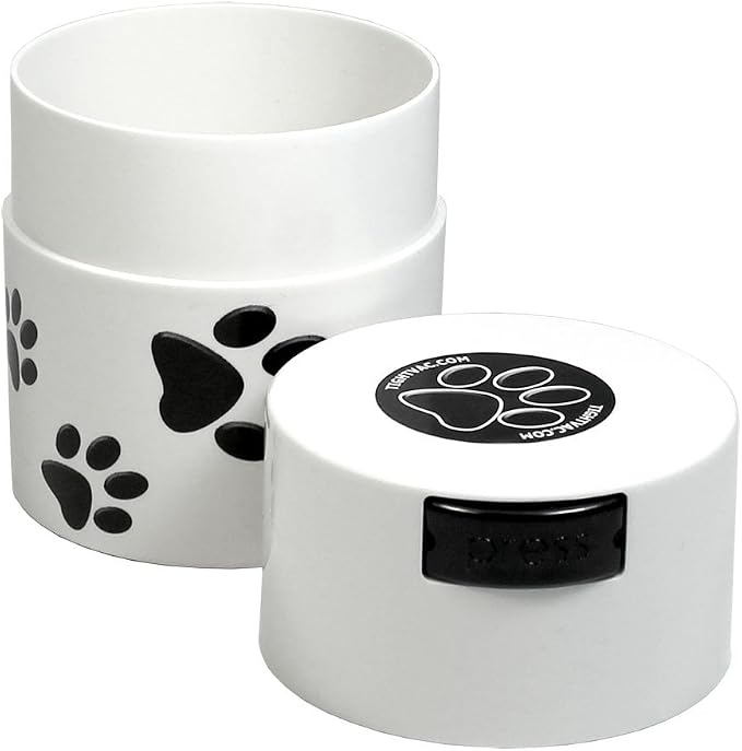 Pawvac 3 Ounce Vacuum Sealed Pet Food Storage Container; White Cap & Body/Black Paws