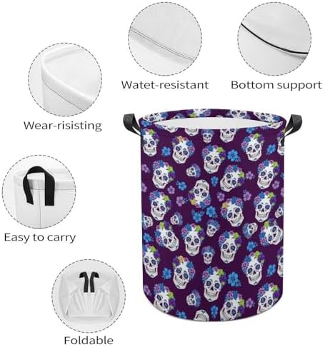 Collapsible Waterproof Laundry Basket Flowers And Skulls Purple, Portable Hamper with Handles for Clothes, Toys, and Home Organization