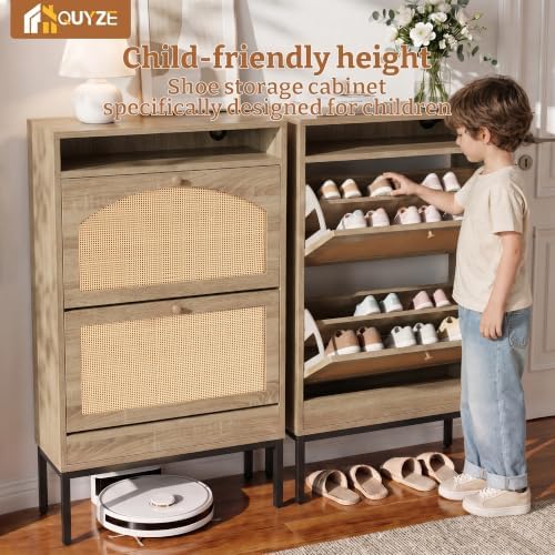 2 Flip Drawers Shoe Cabinet Storage for Kid’s/Women, Narrow Shoes Organizer Cabinetfor Front Door Entrance, Free Standing Hidden Wooden Shoe Rack (Wood)