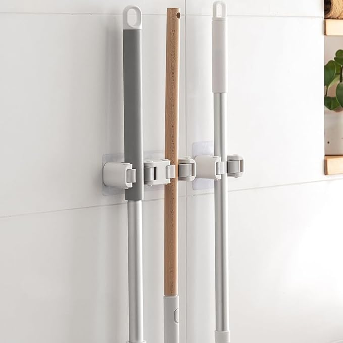Broom Holder Wall Mount Self Adhesive, No-Drill Mop Grip Organizer for Home | Thick silicone loops stop slipping & scratching on mops, brooms, umbrellas.(Single+double)
