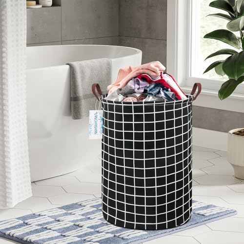 Round Laundry Basket Collapsible Storage Hamper Organizer Black Grid | Waterproof Canvas Foldable Baskets with sturdy Handles Multi-scene Organizer for Home Play Bedroom Gift Bin