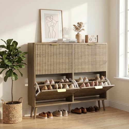 KIGOTY Narrow Shoe Storage Cabinet, Shoe Cabinet with 4 Flip Drawers, Freestanding Shoe Organizer with Legs for Entryway, Slim Shoe Rack Cabinet for Enterway (Light Brown, 4 Flip Drawer)