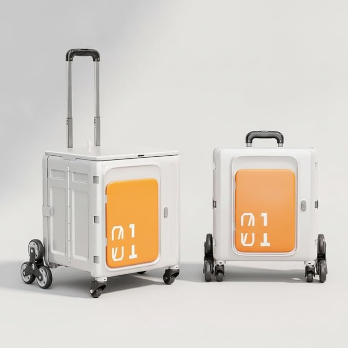 Rolling Crate with Lid Portable Foldable Rolling Crate Telescopic Trolley with Lid for Journeyers, Camping, White Gray
