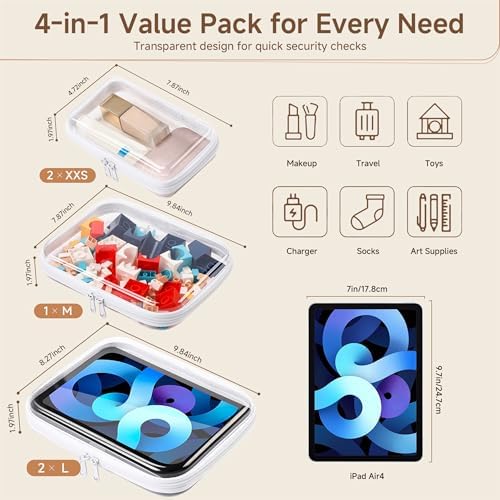 4 Pack Clear Hard Shell Zipper Case Diaper Organizer | 1.0mm Hard Shell, Upgraded Large Zipper Pulls, Clear Travel Pouches, Smooth Zipper Closure, Holds Shape